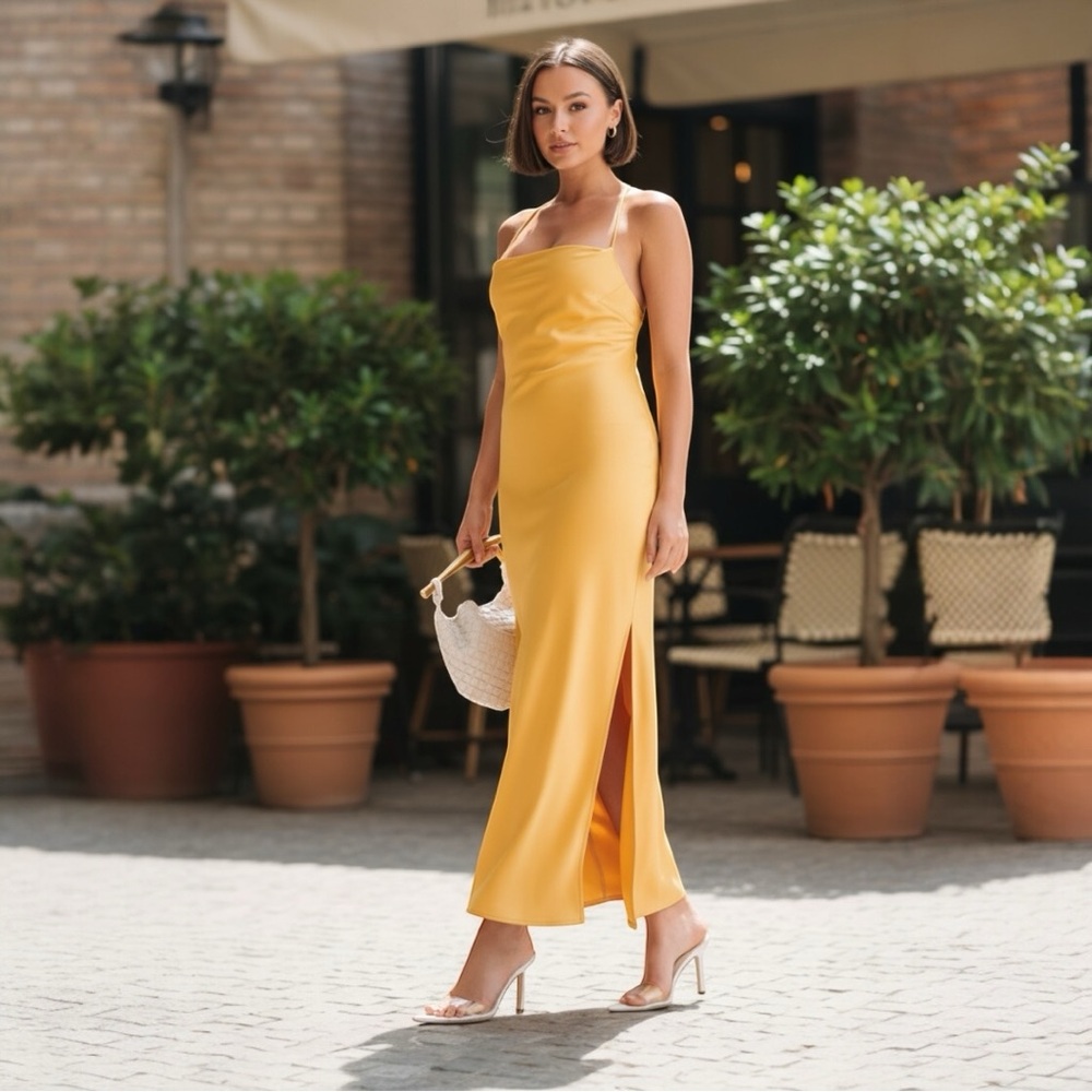 Sydney Yellow Satin Straight Neck Slip Maxi Dress Size Medium